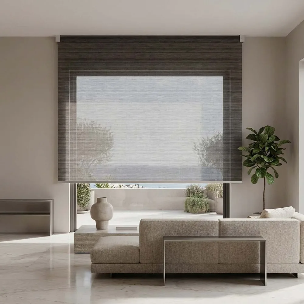 Farbelife screen roller blind across a wide living room window
